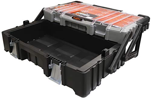 Boxer® Caja de Herramientas Cantilever 22” – 57x30,5x16,5 cm – 15 Compartimentos Extraíbles en la Tapa – Cierres Metálicos – Negro/Naranja/Transparente