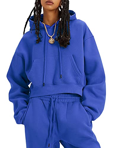 Image of Flygo Womens Fleece 2 Piece Outfits Fall Crop Pullover Jogger Sweatsuit Set | Warm Fleece Lining, Drawstring Hood, Thumb Hole, Kangaroo Pockets, High Elastic Waist Pants Tracksuit, Airport, Travel, Work