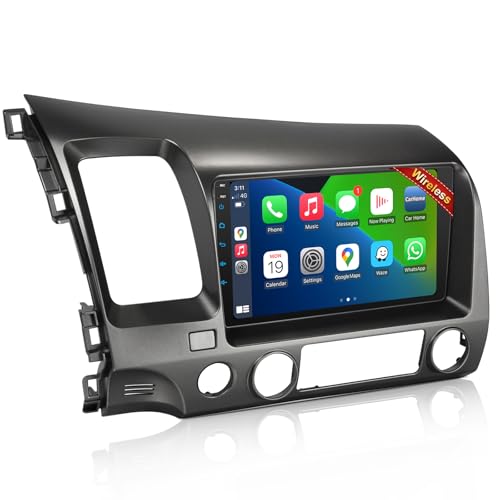 Car Stereo Radio for Honda 2006 2007 2008 2009 2010 2011 with Wireless Carplay & Android Auto 9 Inch 1080P Touch Screen for Civic Radio with Airbag Indicator Bluetooth FM Mirror Link SWC Camera