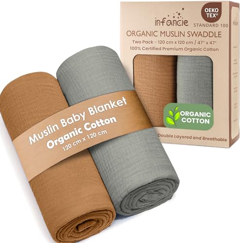 Image of infancie Organic Cotton Muslin Baby Blanket - 47x47 Inch Breathable Swaddle, Hypoallergenic Double-Layer, Versatile Use (Gold/Sage)