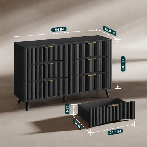 Image of Evermagin 54 inch Curved Fluted 6-Drawer Dresser, Mid-Century Modern Black