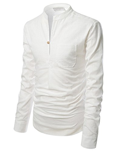NEARKIN (NKNKN351 Henley Neck Light Weight Chinese Collar Cool Linen Shirts Ivory US XXXL(Tag Size 3XL) - Thumbnail 4