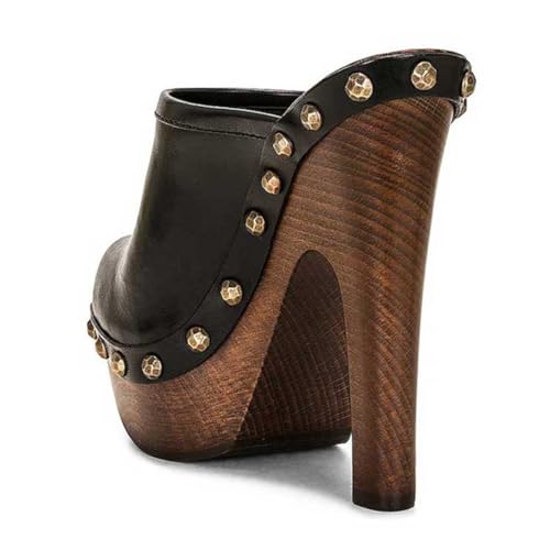 FSJ Women Closed Round Toe Mules Wooden Block High Heel Clogs Slip On Studded Platform Sandals Vintage Dress Slide Shoes Size 4-16 US3