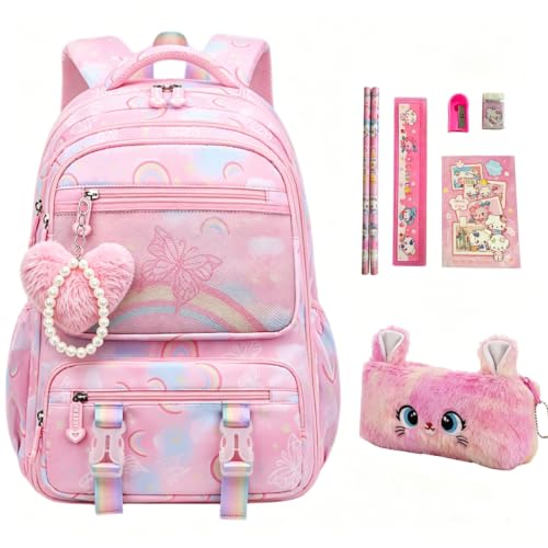 Image of Kids Backpack for Girls.Girls Backpack,School Bag for Kids.GirlsTeens Middle Student,Kawaii Children's Book Bag Rainbow Butterfly pink