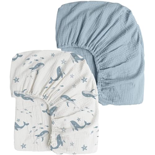 Image of Konssy Muslin Crib Sheets 2 PCS, 100% Cotton Baby Crib Sheets for Standard Crib Mattress (28 inchx 52 inch), Soft and Breathable for Boys, Girls (Blue Whale,Blue)