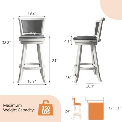 Butacos Giratorios de Barra, Juego de 2 Unidades, Altura de Encimera 24", Asiento Tapizado en Cuero Sintético con Espaldar y Reposapiés, Patas de Madera Maciza, para Cocina, Comedor y Pub, Color Blanco Antiguo miniatura 2