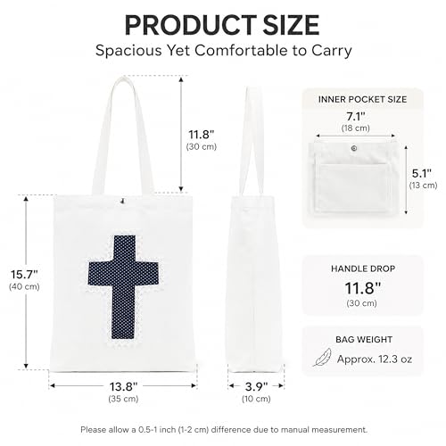 Image of Christian Tote Bag Gift for Women, Canvas Bible Bag Handmade Floral Cross | Christian faith-inspired gift, handcrafted cross with lace, inner pocket, snap closure, bottom gusset, church Bible study use