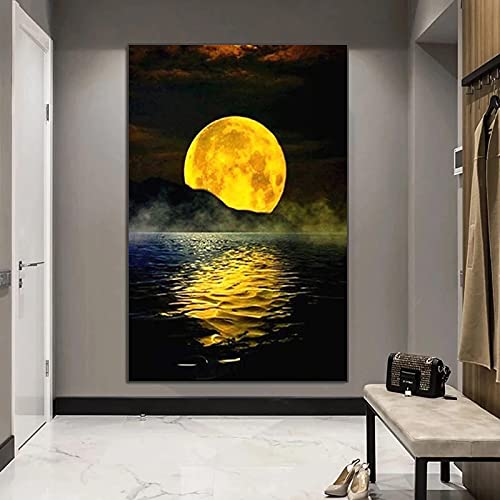 Peinture toile paysage nordique lune rouge jaune deco murale moderne salon 50x70