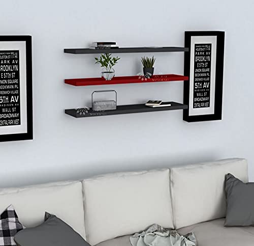 Image of Aries Wooden Floating Wall Shelf| Wall Rack Shelf | Wall Mount for Living Room, Bedroom, Kitchen (Set of 3 Black and Red, Large)