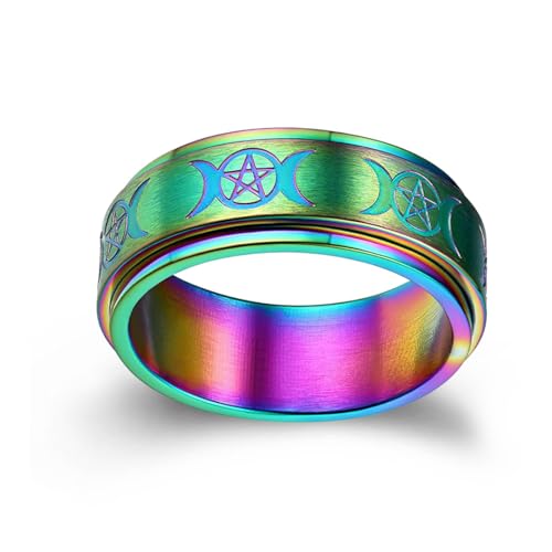 Fuqimanman2020 Goddess Pentagram Stainless Steel Wicca Pagan Triple Moon Spinner Band Ring Celtic Knot Rotatable Anxiety for Men Women Wedding Engagement Promise Jewelry-Rainbow 9