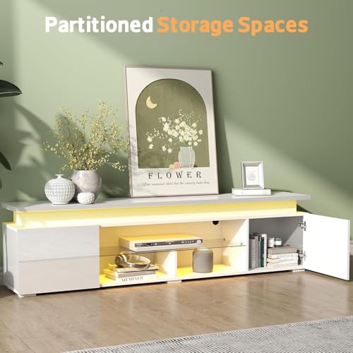 Lamtor TV-Stand for 85 Inch TV - Led TV Stand with Power Outlet, Modern Entertainment Center with Glass Shelf, High Glossy Gaming TV Media Console for Living Room, White