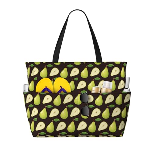 Large Beach Bags Water-resistant Sandproof - Cute Lime Green Pear Black Cute Beach Tote Bags for Women with Zipper
