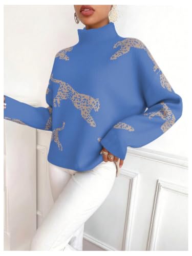 Image of WDIRARA Women's Leopard Tiger Print Sweater High Neck Long Sleeve Fuzzy Knitted Pullover Top