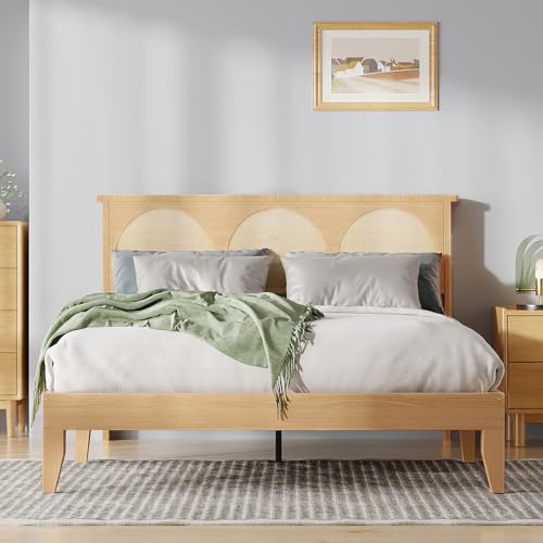 GarveeHome Boho Full Bed Frame, Solid Wood Bed with Natural Rattan Headboard & LED Lights, Wooden Platform Bed No Box Spring Needed, Storage Underneat