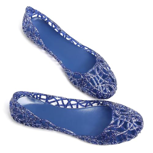 Image of Stunner Women Beach Jelly Shoes Slip On Crystal Summer Hollow Ballet Flats | Summer Cool PVC Breathable Outdoor Indoor Dressy Flat Sandals for Holiday Shopping Spa Swimming Pool