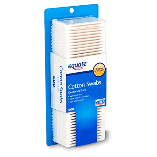 Box of Equate white cotton swabs made in the USA — shows the plain undyed tips suited to daily first-aid use