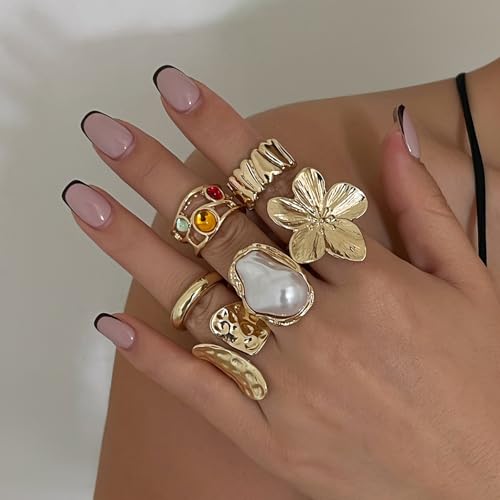 Chunky Gold Rings for Women Non Tarnish Statement Flower Ring Baroque Pearl Stackable Rings Set 6Pcs Chunky Jewelry4