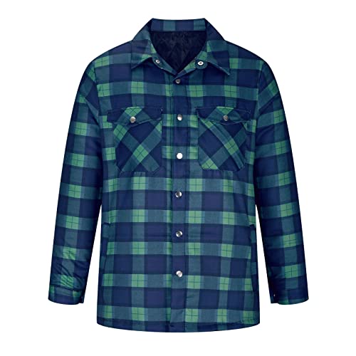 Men's Winter Quilted Lined Plaid Jacket Slim Fit Long Sleeve Button Down Shirts Warm Flannel Shirt For Cold Weather Green #TOP3