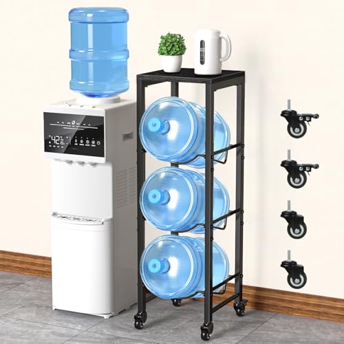 5 Gallon Water Bottle Jug Holder 3-Tier Organizer with Lockable Casters Heavy Duty Storage Rack Dispenser Stand With Wood Top Shelf for Kitchen Office