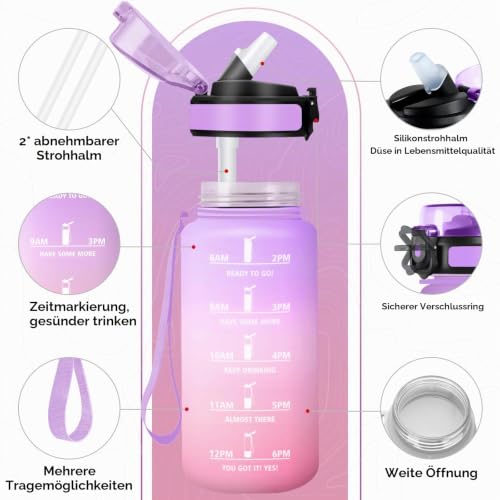KollyKolla Trinkflasche 500ml, Sportflasche, Auslaufsicher, Trinkflasche mit Strohhalm, Wasserflasche mit Zeitmarkierung für Fitness… – Ansicht 2