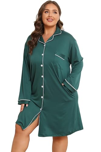Image of Vozanet Women Button Down Nightgown Plus Size Nursing Nightshirt Long Sleeve Nighty Bridal Dress with Pockets XL-5XL