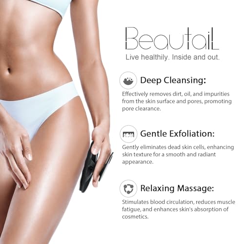 BEAUTAIL Körperbürste aus Silikon, Badebürste Dusche Duschbürste, Körper Bürsten, Peelingbürste, Weiche Borsten und Sanftes Peeling, für Frauen, Männer, Babys, Empfindliche Haut, 1 Stück, Schwarz