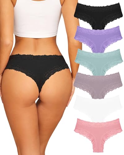 FINETOO Womens Cotton Underwear Sexy Lace Hipster Panties Soft Breathable Cotton Brazilian Bikini Ladies 6 Pack(6AM)