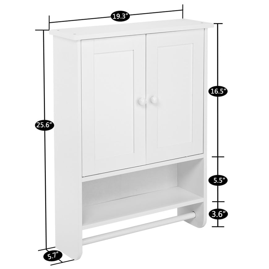 Huedimboene Bathroom Cabinet Wall Mounted 2-Door with Storage Shelves, Wooden Medicine Cabinets with Towel Bar, Space Saver Storage Cabinets Over The Toilet for Bathroom&Living Room, White