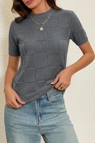 Image of Cakulo Women's Short Sleeve Summer Sweater Knit Tops | Checkered Pattern, Crew Neck, Lightweight Knit, Pullover Sweaters, Business Casual Work Tops Basic Clothes