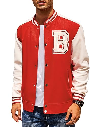COOFANDY Men Varsity Jackets High School Letterman Jacket Wool Bomber Jacket Casual Jacket Red