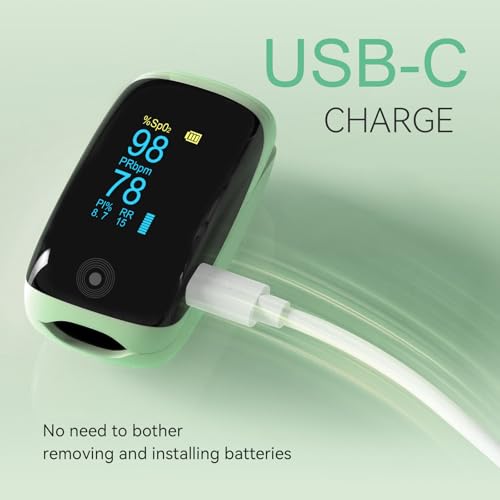 Image of Fingertip Pulse Oximeter with Respiration Rate Monitoring, PI & RR Measurements, Rechargeable Blood Oxygen Monitor with Heart Rate and Fast Spo2 Reading, Pulse Ox with OLED Display, 6 View Modes & Auto-Rotating Screen (Green)