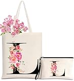 Initial Canvas Tote Bag for Women, Personalized Monogrammed Tote Bags with Makeup Gift Bag for Wedding Bridesmaids Birthday