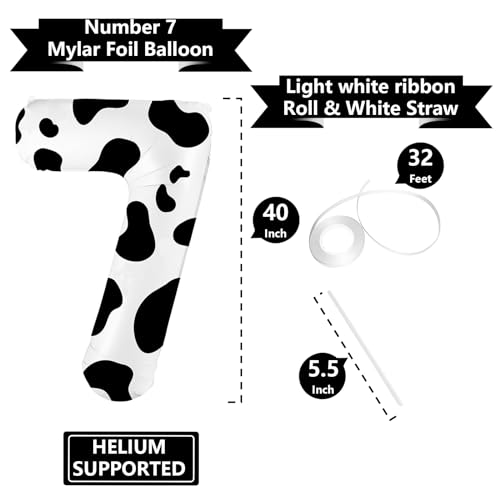 Image of 40 Inch Cow Print Balloon, Number 7 Balloons for 7th Birthday Decoration, Large Cow Number Balloons for Western Party Decor