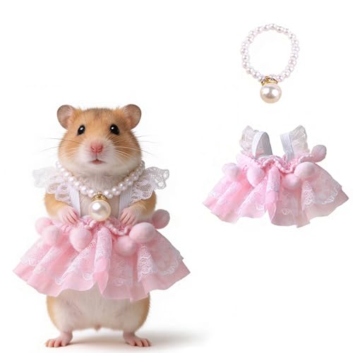 SSEISS 2 Pcs Hamster Slip Dress with Pearl Necklace Small Animal Princess Skirt Suit Breathable Mesh Tutu Dresses for Mini Sugar Glider Golden Bears Rat Guinea Pig Squirrels (Pink)