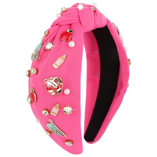Semato Teacher Headband for Women Girl Back To School Outfits Teacher Appreciation Gifts Hair Accessories Crystal Pearl Wide Knotted Headband (Hot Pink)