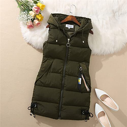 Long Weste Damenlange Steppweste Damen Lange Weste Mit Kapuze, Trendige Fliege Saum Lange Steppweste Damen Elegante Weste Winddichte Weste Wintermantel Für Damen Mädchen Outdoor-Büro,Army Green,M Cover