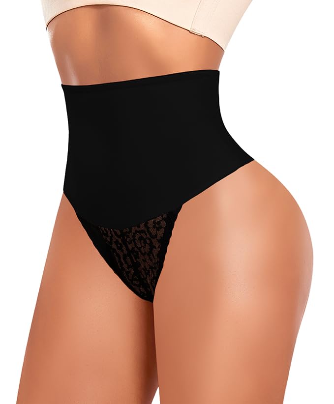Image of Werena Thong Shapewear for Women Tummy Control Seamless High Waist Body Shaper Underwear Shaping Panties(#344 Lace Black, Large)