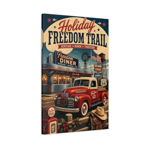 Tableau vintage camion de Noël pour habiller un mur au-dessus d'un meuble