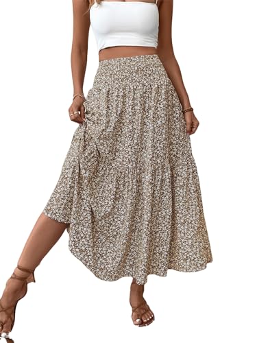Women's Summer Floral Maxi A-Line Boho Skirt, Summer for Women 2025 Vacation Boho Floral Tiered (10,Khaki Flower)