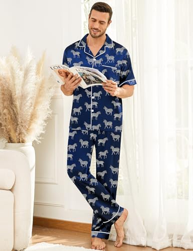 Image of SWOMOG Mens Silk Pajamas Set Satin Pj Set Short Sleeve Sleepwear Button Down Lounge Set with Drawstring & Pockets S-3XL
