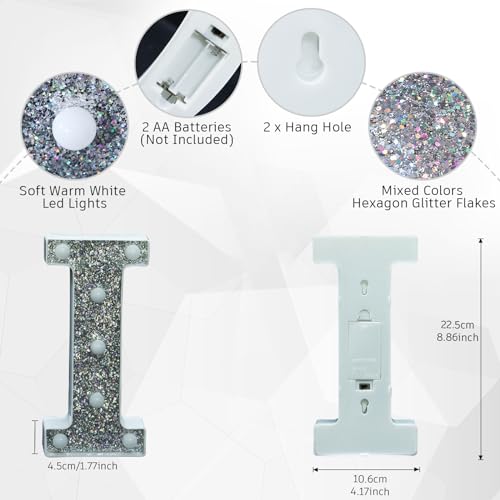 Image of Light Up Letters, Marquee Light Letter for Table Decorations, Glitter Light Up Signs for Prom, Events, or Engagement Party Decor, Featuring Alphabet & Number Lighted Letters, Letter I
