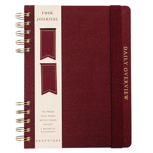 Daily Task Journal by Graphique Luxe Collection, Fabric-Wrapped Hardcover Spiral Notebook for Planning & Writing, Priority List Planner with Magnetic Bookmarks & Gold Foil Embossing,192 Pages, 6” x 8”, Plum Red