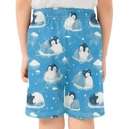 Boys Athletic Shorts with Pockets Blue Fluffy Penguin Running Basketball Shorts for Youth Elastic Waist Size 7-8 5