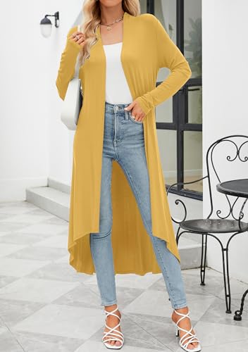 Women's Lightweight Open Front Drape Plus Size Duster High Low Hem Maxi Long Sleeve Summer Cardigans (Mustard, XL) - Thumbnail 6