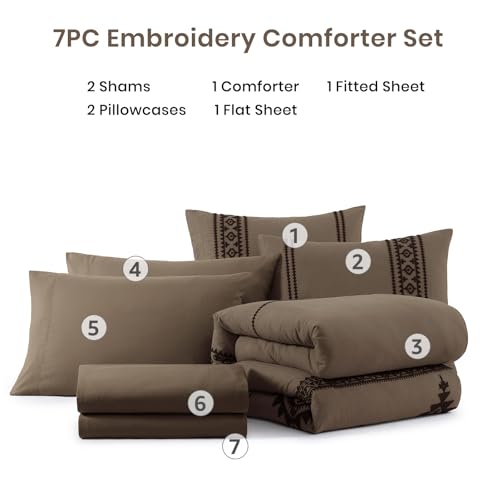 Image of MaiReve Embroidery Queen Comforter Set 7 Pieces Taupe Grey Bed in a Bag