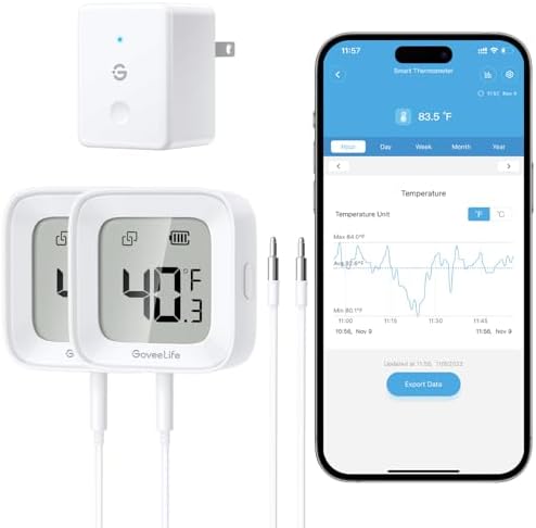 GoveeLife WiFi Refrigerator Thermometer 2-Pack with Gateway & LCD Display | Freezer alarm fridge monitor with app alerts & anti-false, 197ft range, 2-yr data export. For freezer/fish tank/hot tub