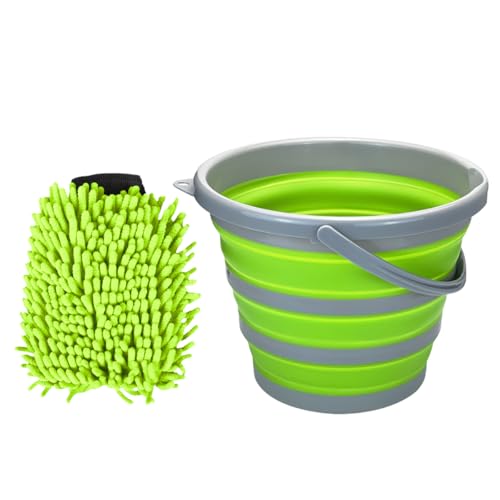UHANBUT Collapsible Bucket with 3-in-1 Car Wash Mitt, Multiuse 10L Portable Plastic Bucket with Handle, Coral Velvet & Chenille Wash Mitt, Car Cleaning Kit for Vehicle, Household