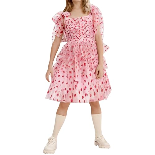 AWIBMK Valentine's Dress for Girls Heart Glitter Dress Spaghetti Strap Bowknot Shoulder Tiered Tulle Birthday Dresses