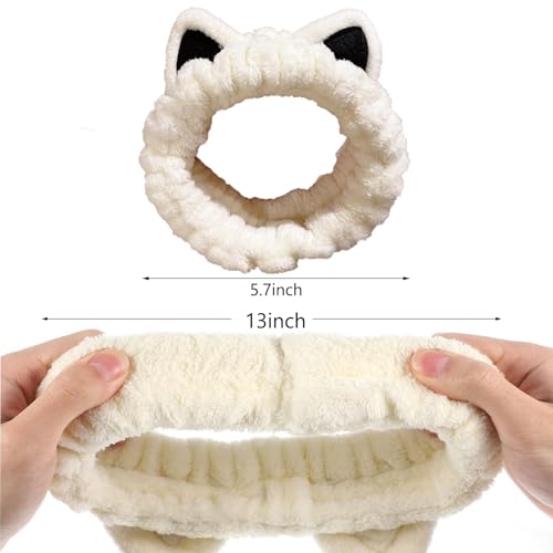 Waliah 2 Pcs Cat Ears Headband, Cute Spa Headbands for Washing Face Skincare Makeup Headbands for Women Girls Trendy Stuff Present Soft Coral Fleece Hair Accessories(Beige Khaki)