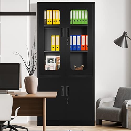 Greenvelly Locking Metal Cabinet with Lock, Tall Steel Office Cabinet with Tempered Glass Door, Black Lockable Storage Cabinet with Door and 3 Shelves, Utility Locker for Office, Home, Pantry, Kitchen